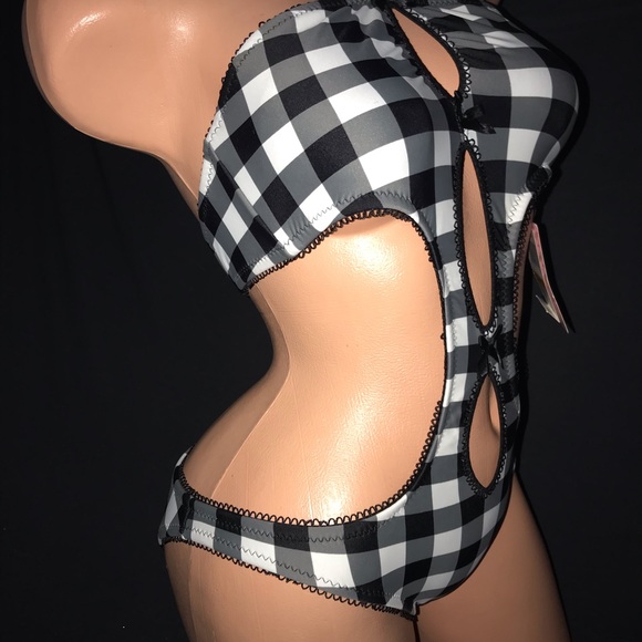 Betsey Johnson plaid black white checkered gingham swimsuit monokini bow vintage - Picture 6 of 6